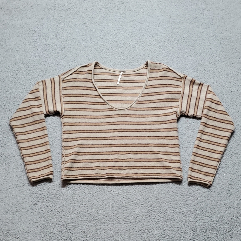 Free People Wpmen's Striped V-Neck Long Sleeve Top in Beige and Brown Size XS